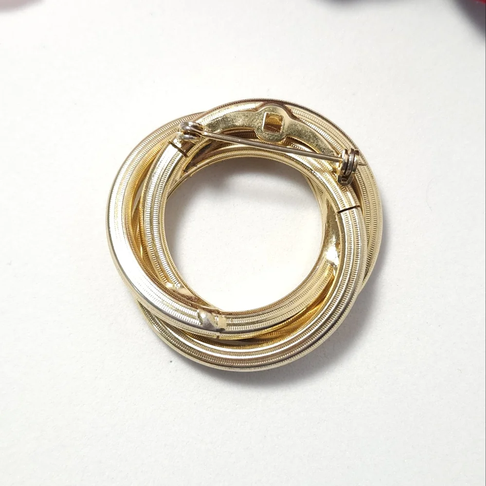Vintage Gold Tone Triple Circle Braided Brooch Statement Brooch